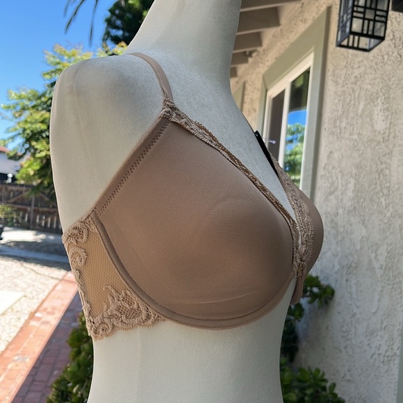 NWT Natori Tan and Cream Lace Trimmed Feathers Cafe Bra 34DDD Front Closure - Picture 5 of 8